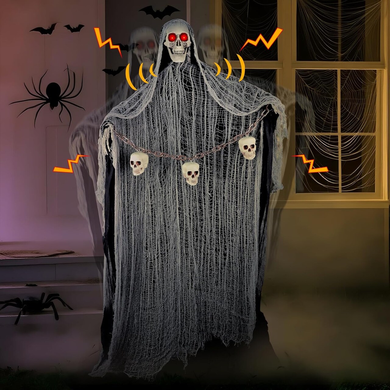71" Halloween Animatronic Skeleton – LED Light Eyes, Sound & Touch Activated Scary Haunted House Decor with Adjustable Arms for Yard, Lawn & Indoor/Outdoor Halloween Parties (white)
